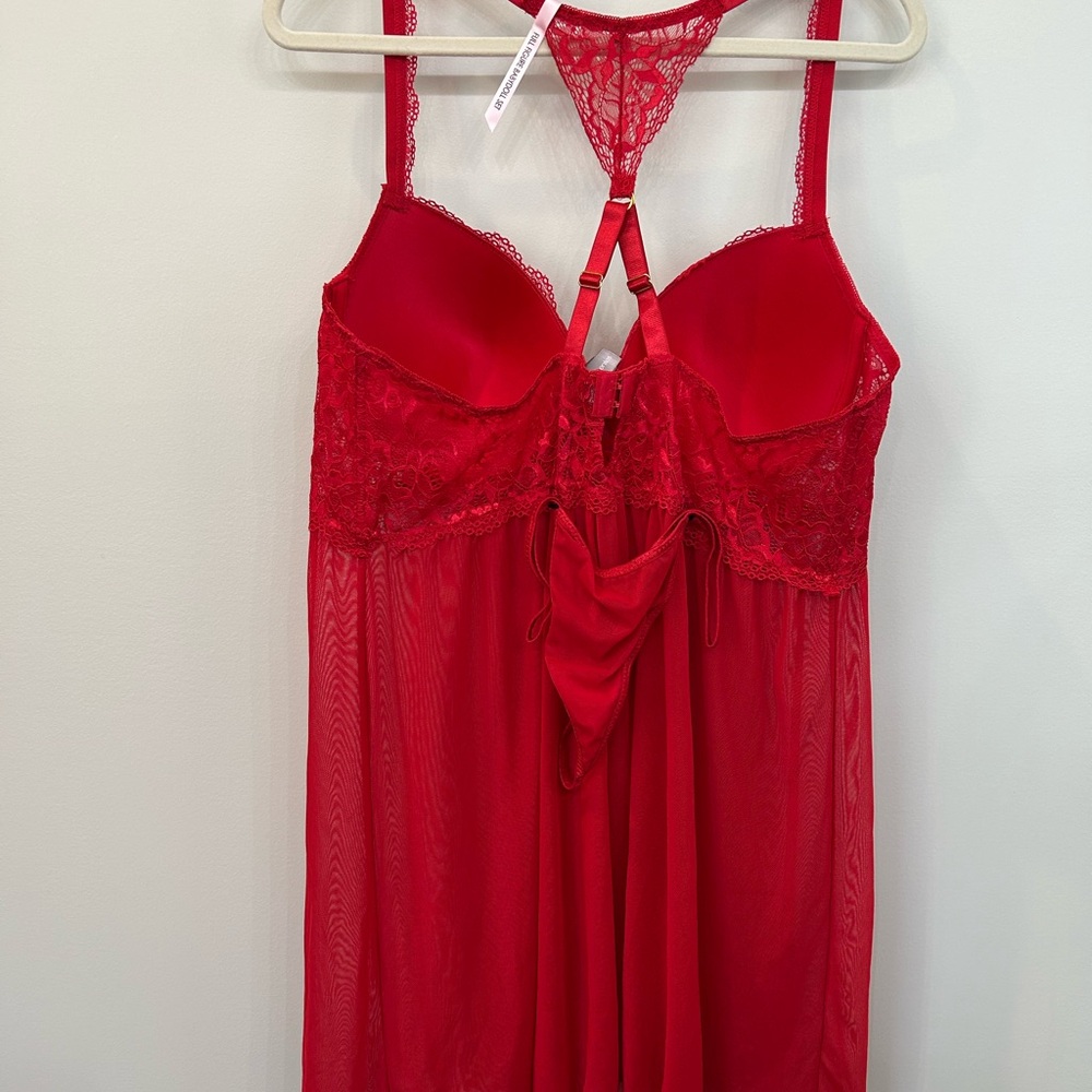 NWOT Daisy Fuentes Red Lace Push Up Babydoll Negligee Thong Panty Set 1X - Picture 2 of 10
